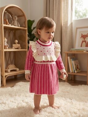 PatPat Red and Ivory Ruffle Knit Dress for Girls